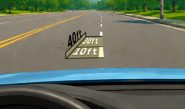 Driver view showing a 10 ft lane line, 30 ft gap, and 40 ft cycle